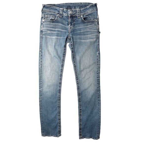 True Religion Bille  Slim Straight Leg Jeans Low Rise Stretch Denim Light Blue - Picture 1 of 10